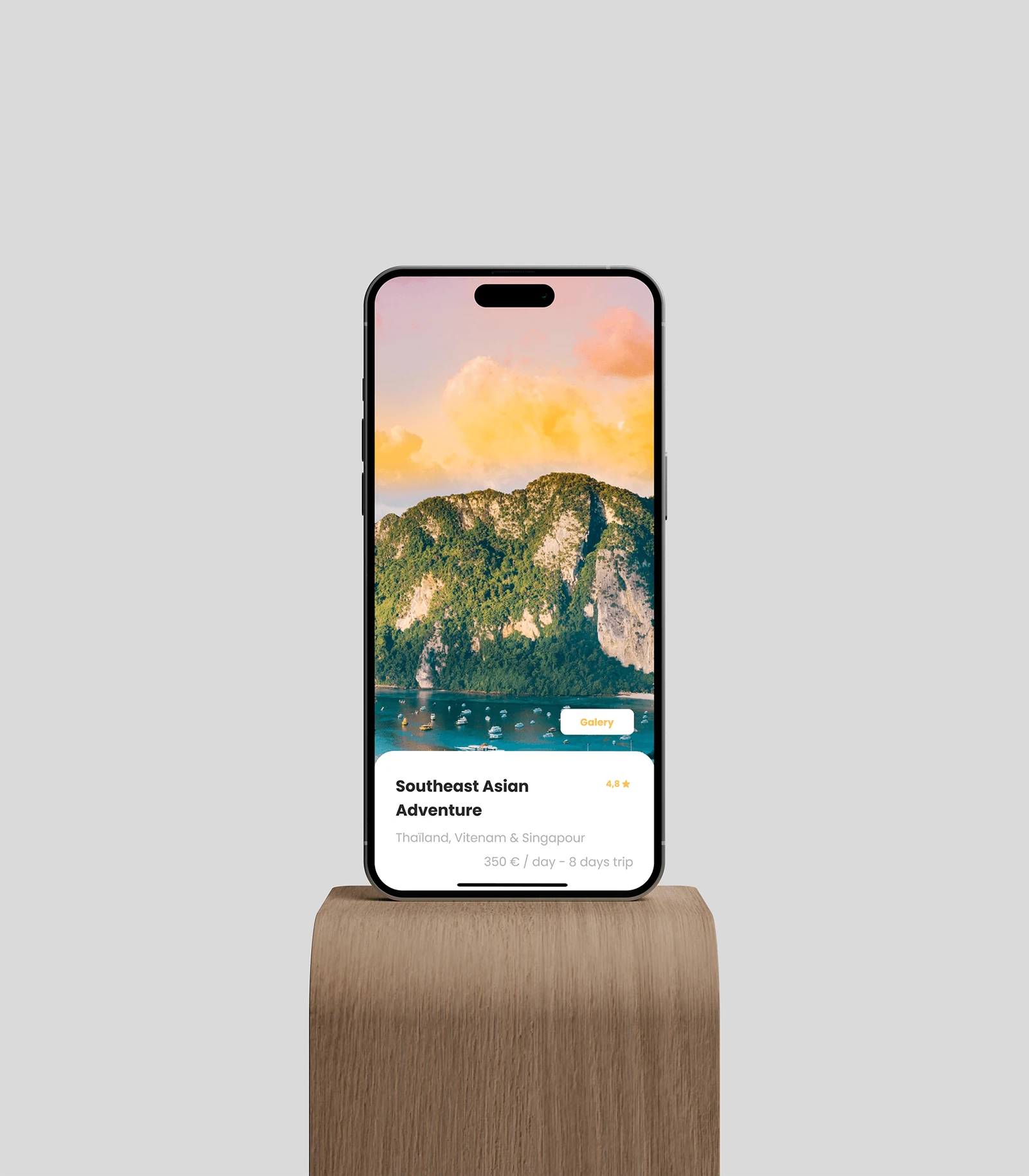 Mockup d'une application de voyage sur un smartphone