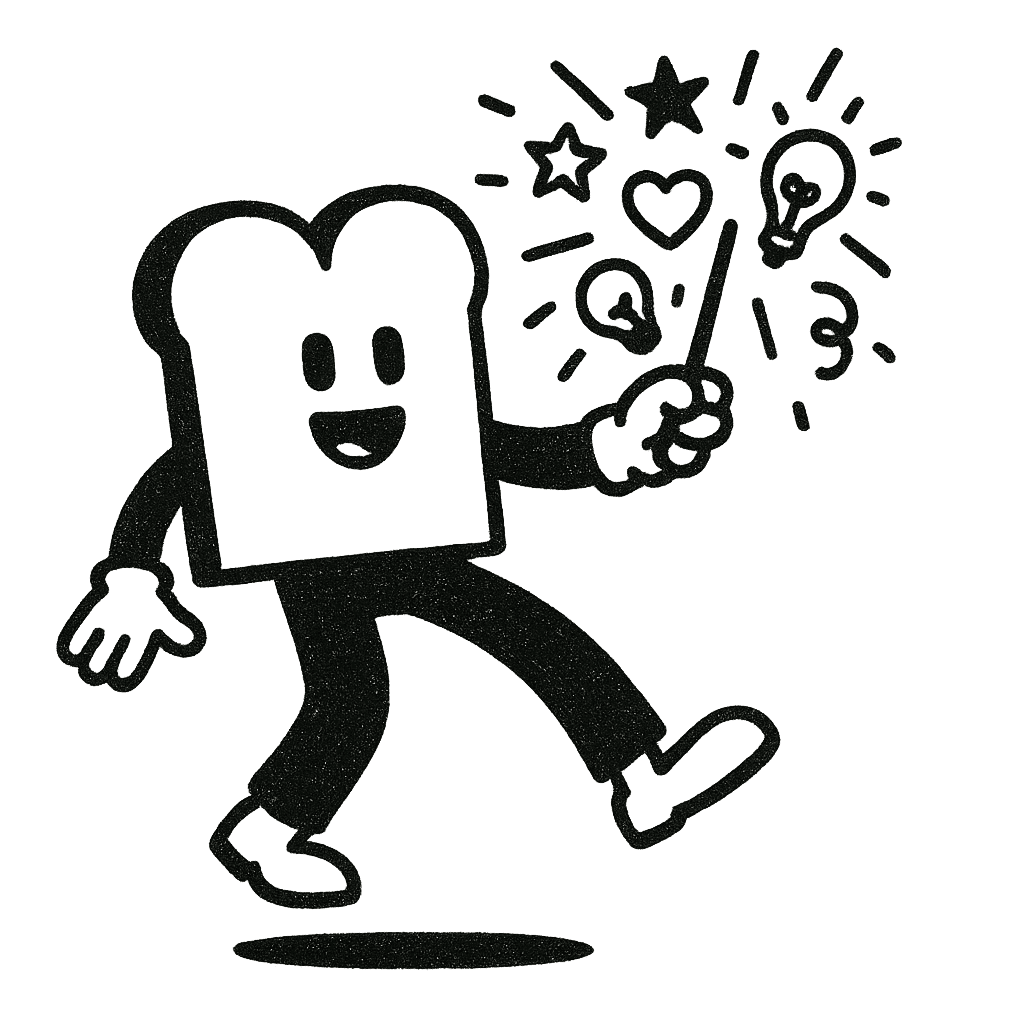 Mascotte pain de mie tenant une baguette de chef d'orchestre, entourée d'étoiles et d'ampoules