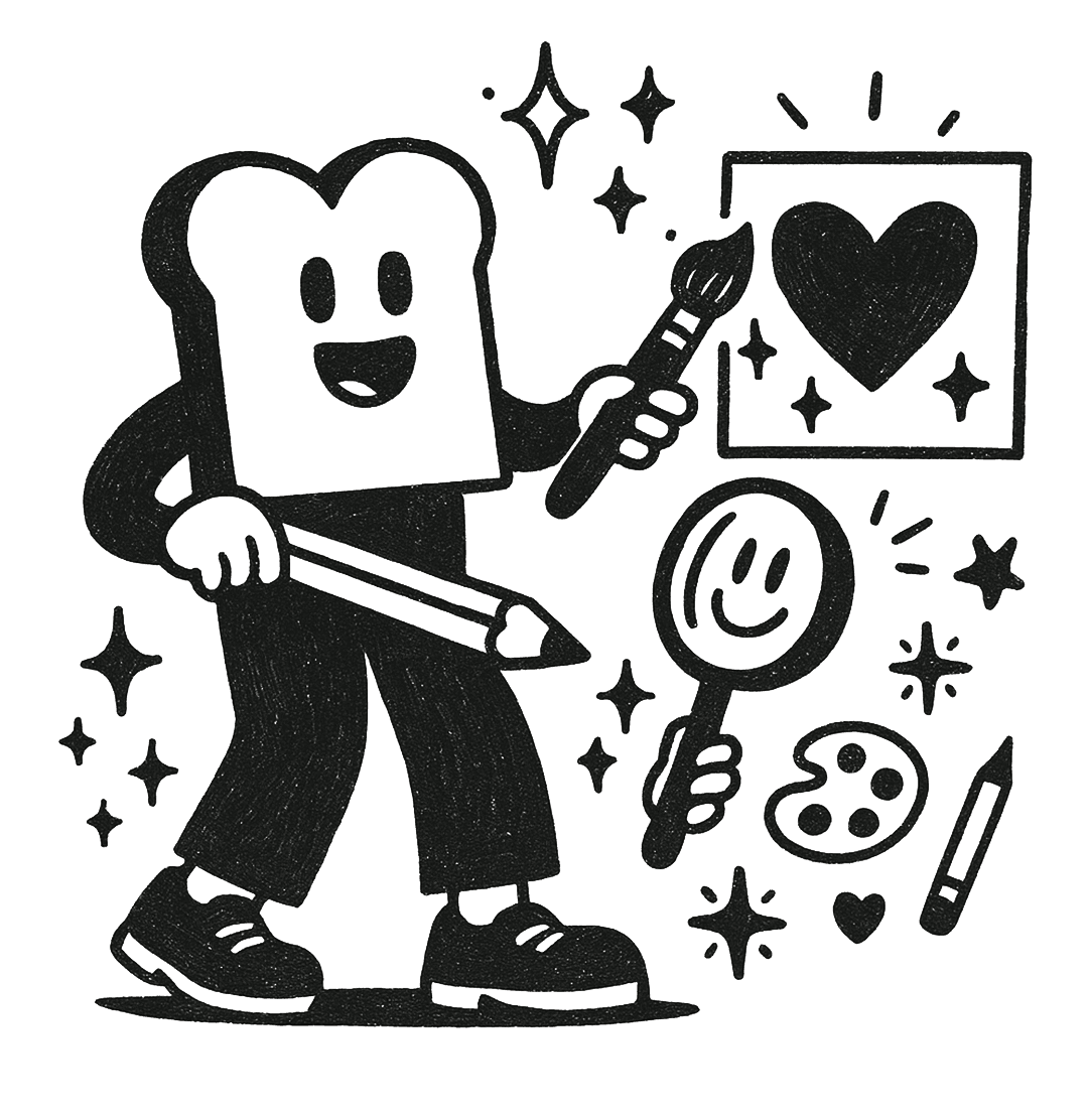 Illustration : une mascotte toast, pinceau et crayon en main, devant un tableau au cœur peint
